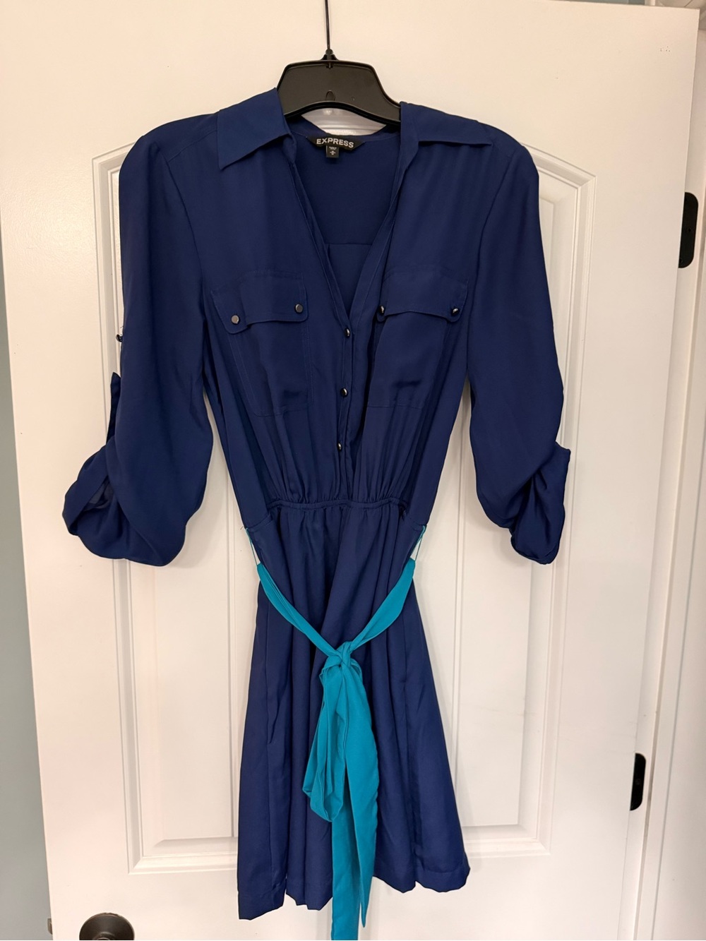 Express Navy Shirt Dress with Turquoise Tie (M)